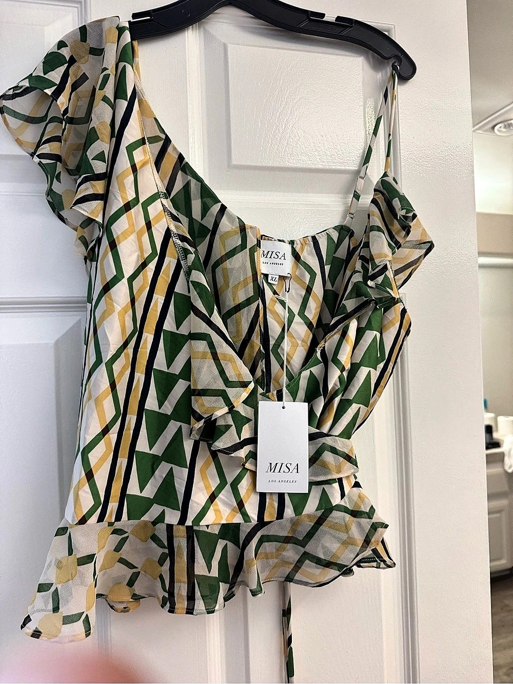 MISA Agata top Geometric Ruffle Blouse in Green & White NWT
